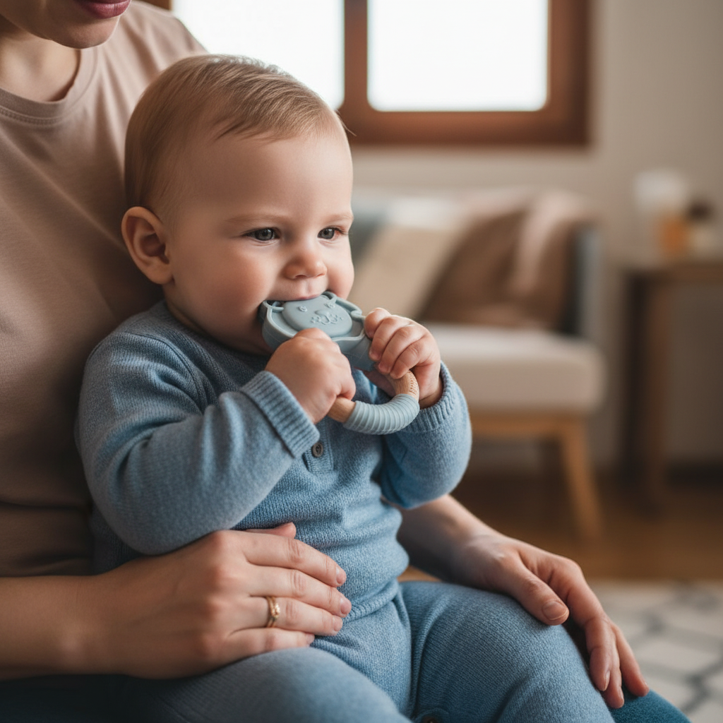 Momento intimo bambino con massaggiagengive leoncino