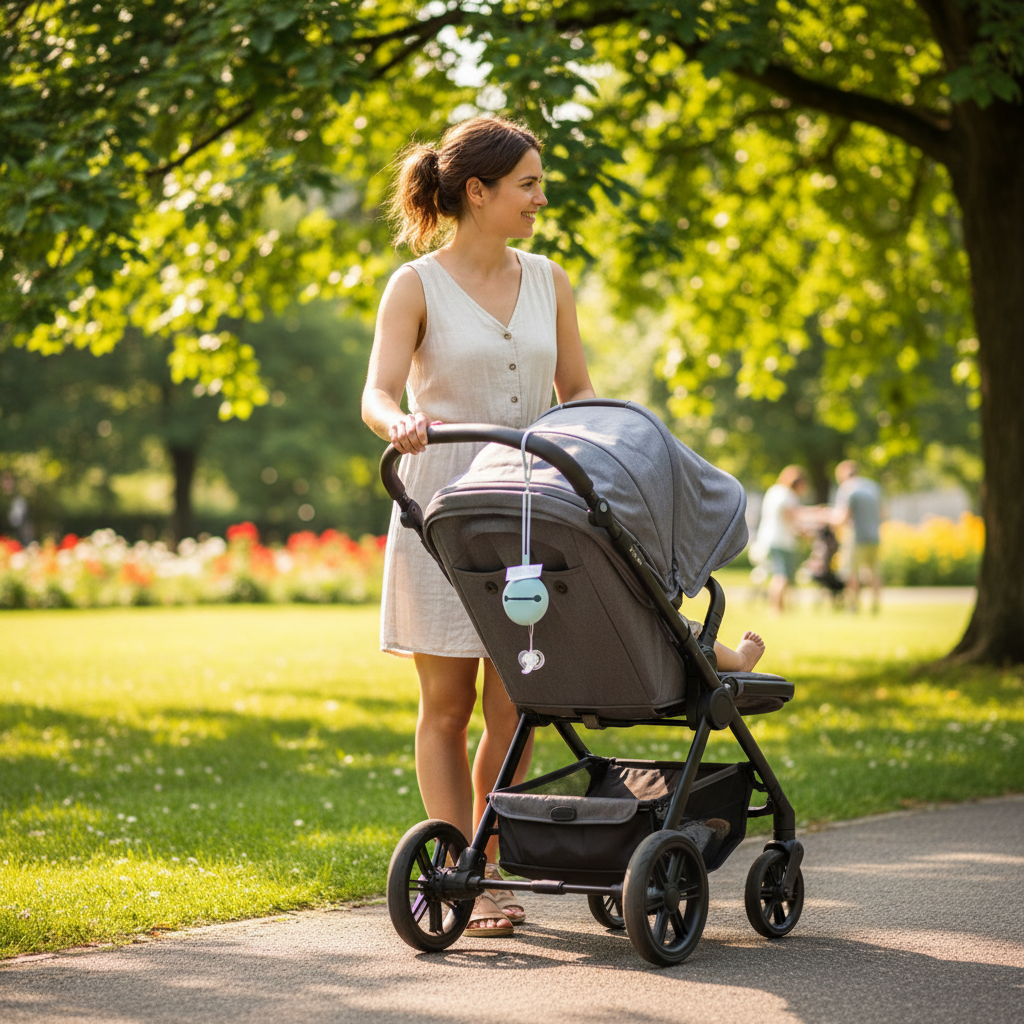 Portaciuccio celeste in uso durante passeggiata al parco