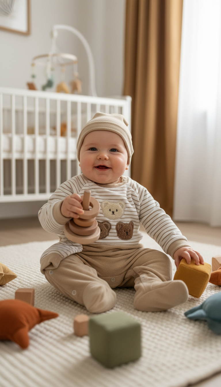 Tutina Neonato con Piedini Beige a Righe - Tre Orsetti - Cappellino