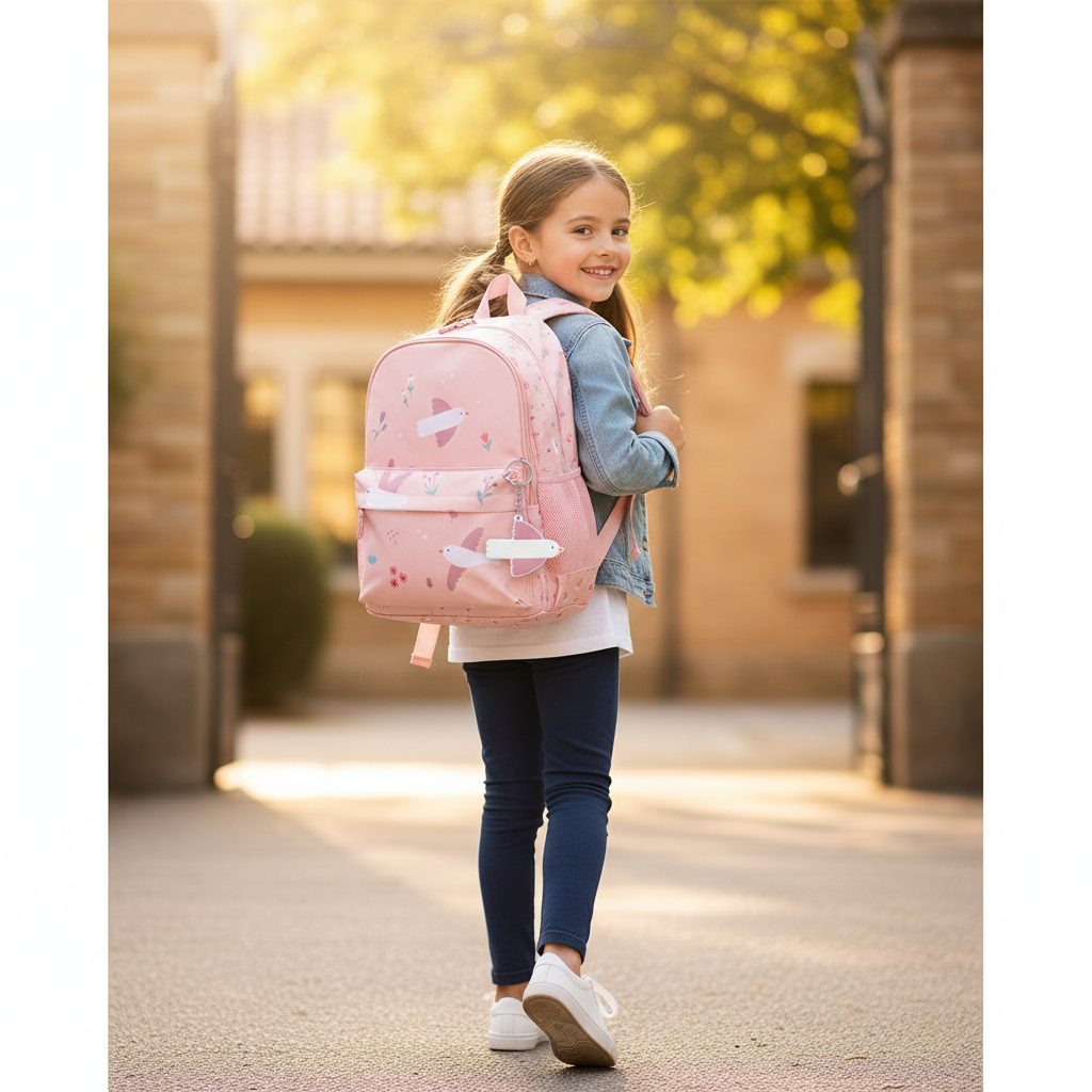 Zainetto Blossom Birds lifestyle - bambina che cammina verso scuola