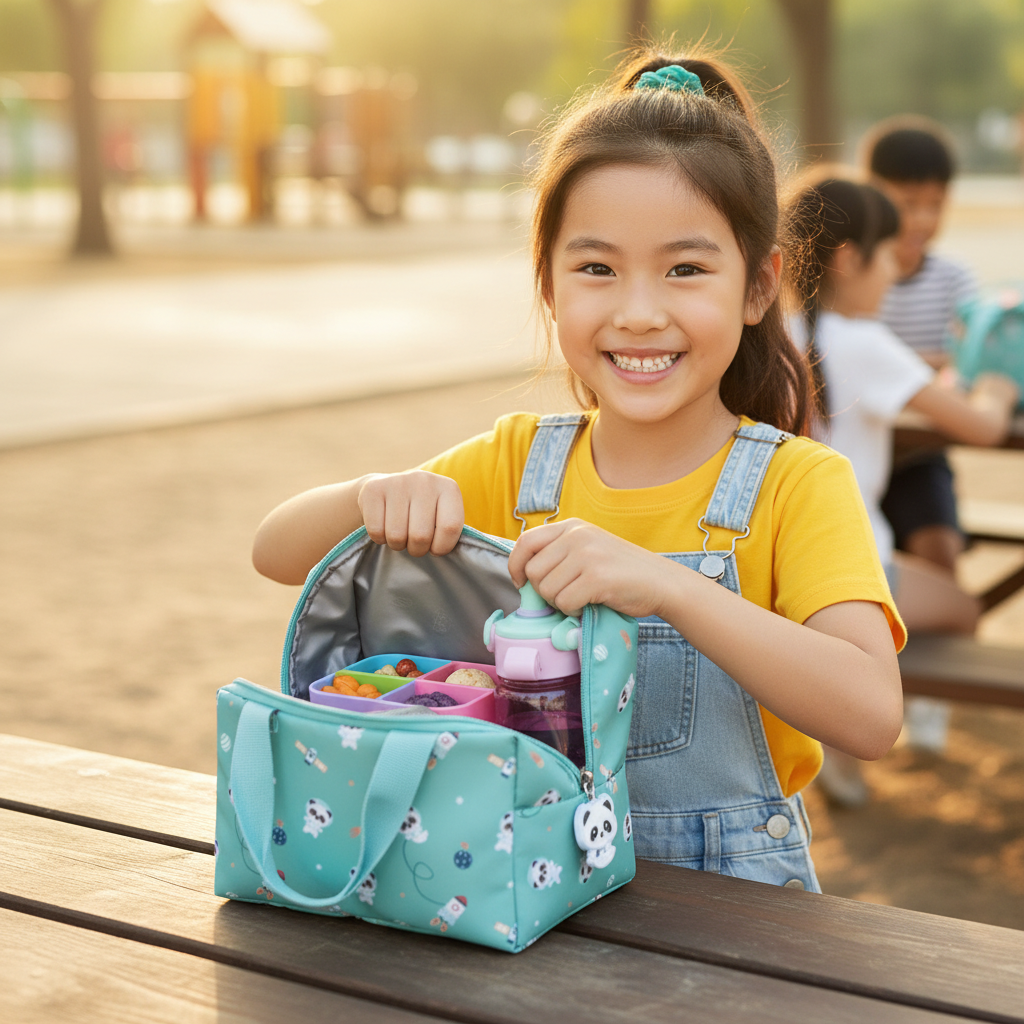 Borsa Termica Merenda Pandas in Space Tutete lifestyle - bambino a scuola con borsa termica verde acqua panda spazio