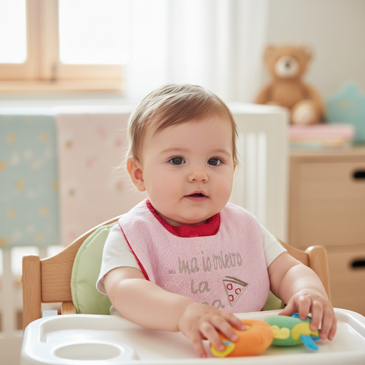 Bambino che indossa la bavetta ma io volevo la Pizza