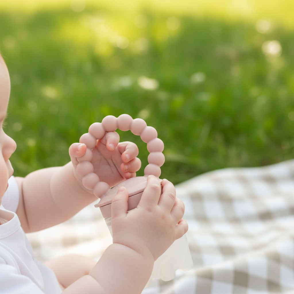 Dettaglio mani bambino con ciuccio frutta rosa antico outdoor