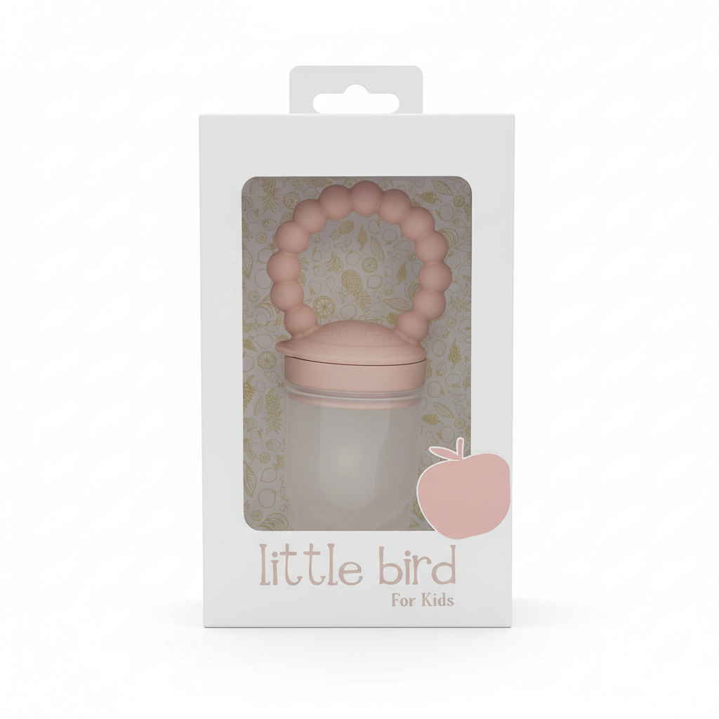 Ciuccio frutta rosa antico con packaging su sfondo bianco