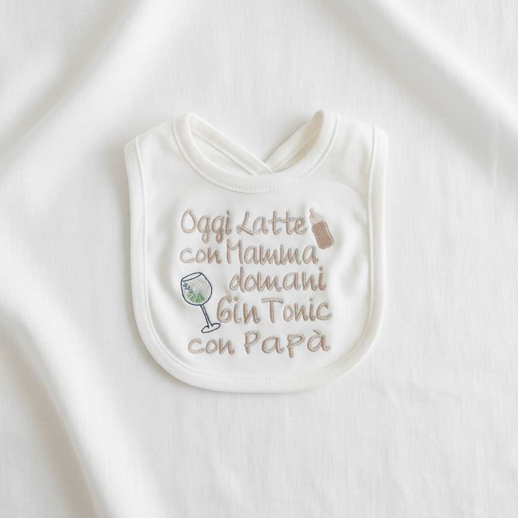 Bavetta ricamata sfondo bianco - Oggi Latte con Mamma Domani Gin Tonic con Papà