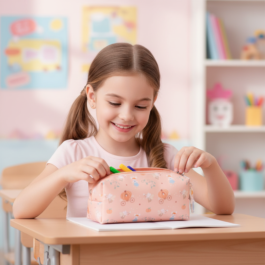Astuccio Mouse Fairies Tutete lifestyle - bambina a scuola con astuccio rosa cipria Cenerentola topolina