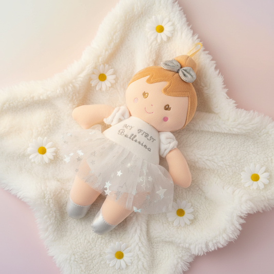 Bambola Bianca Ballerina su copertina con fiori bianchi