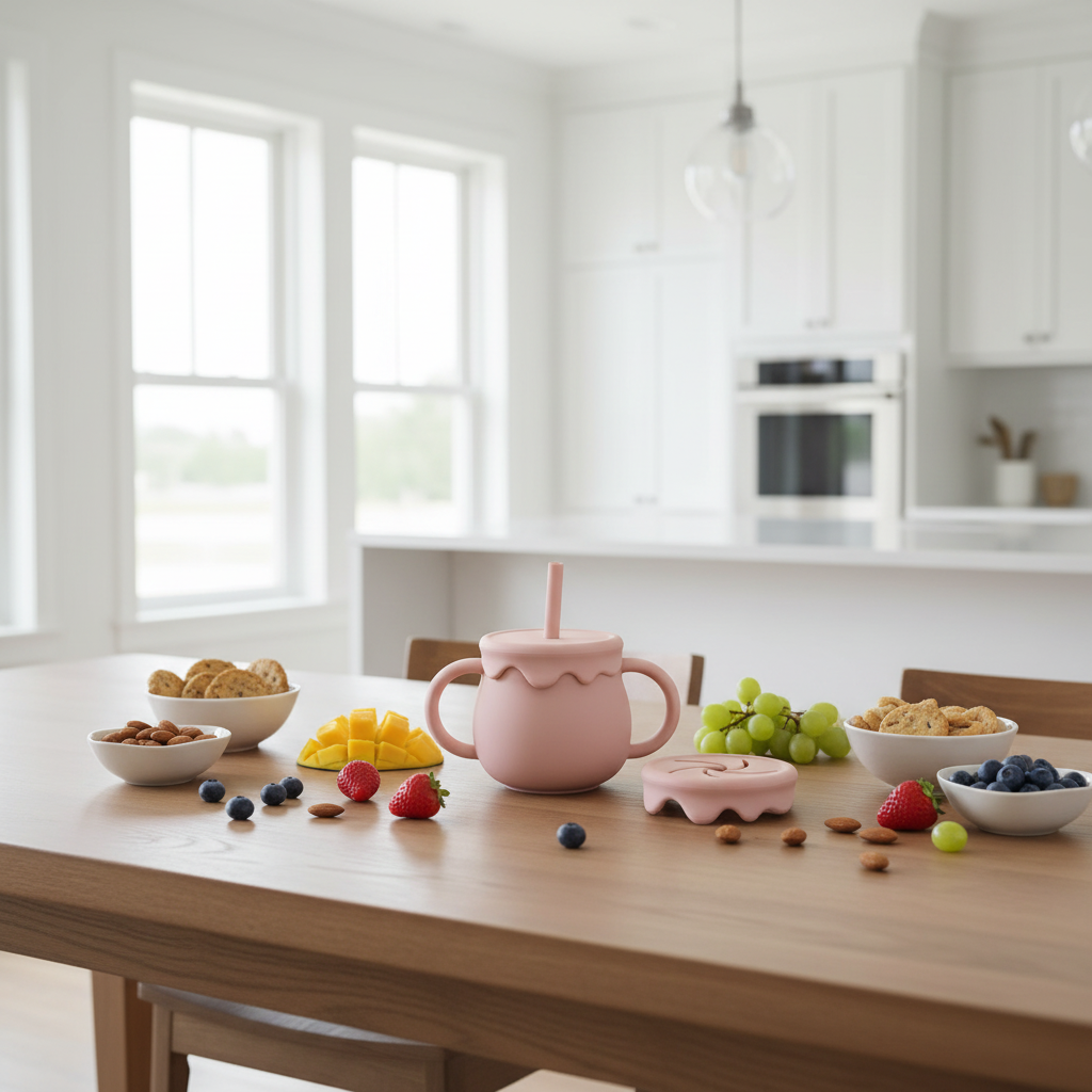 Bicchiere sippy su tavolo con snack