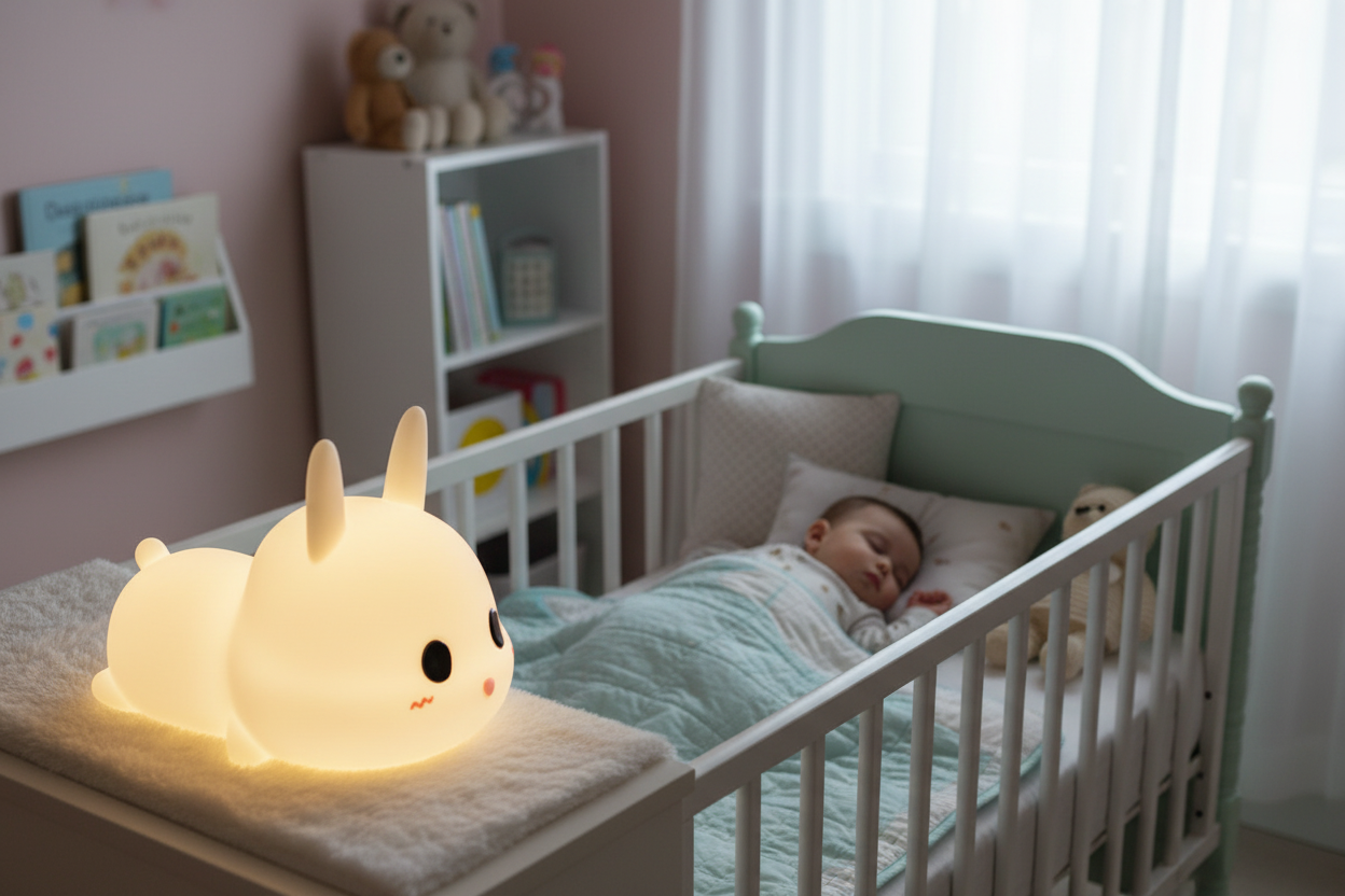 Luce Coniglio accanto a bebè che dorme