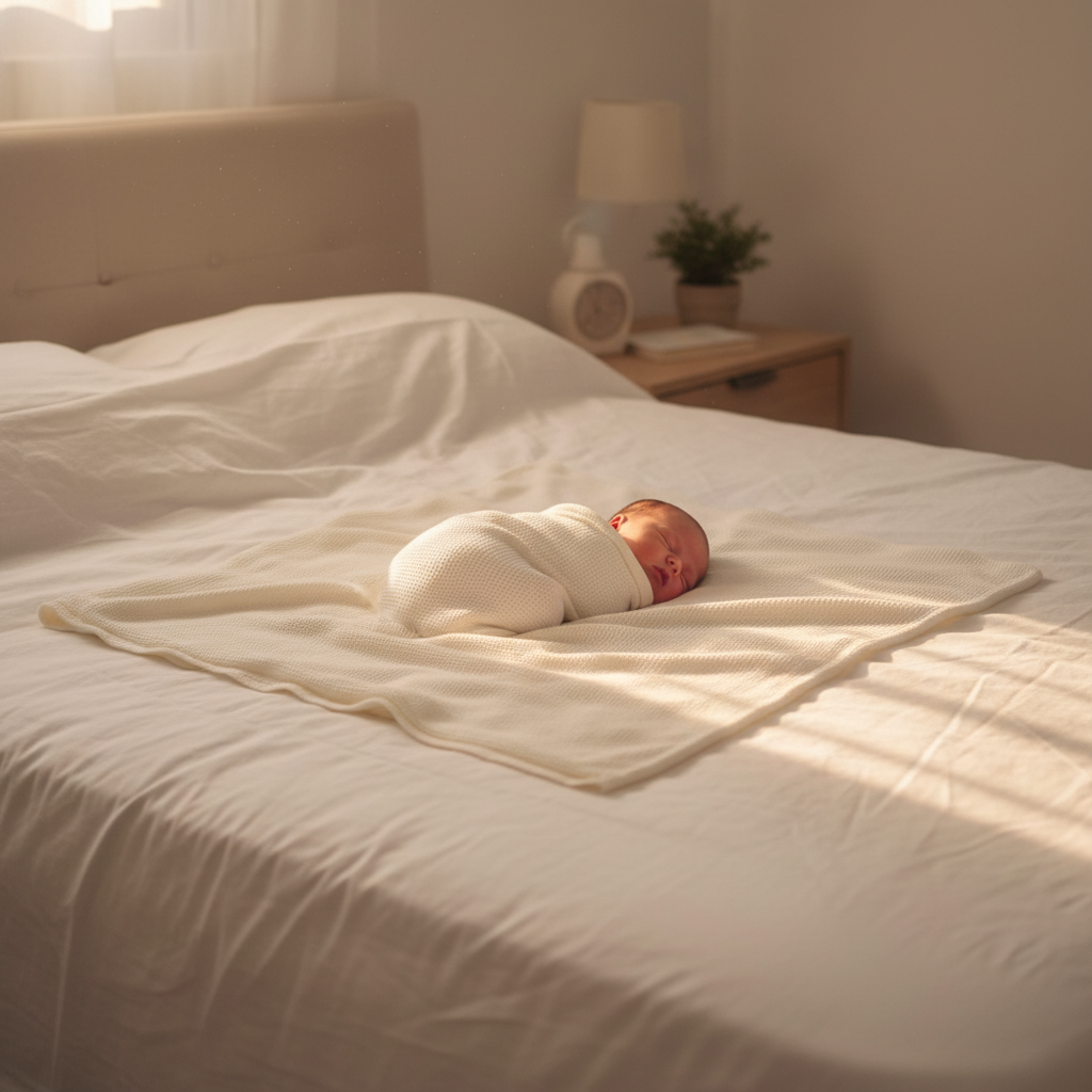 Neonato sul letto con copertina liscia avorio - Little Bird