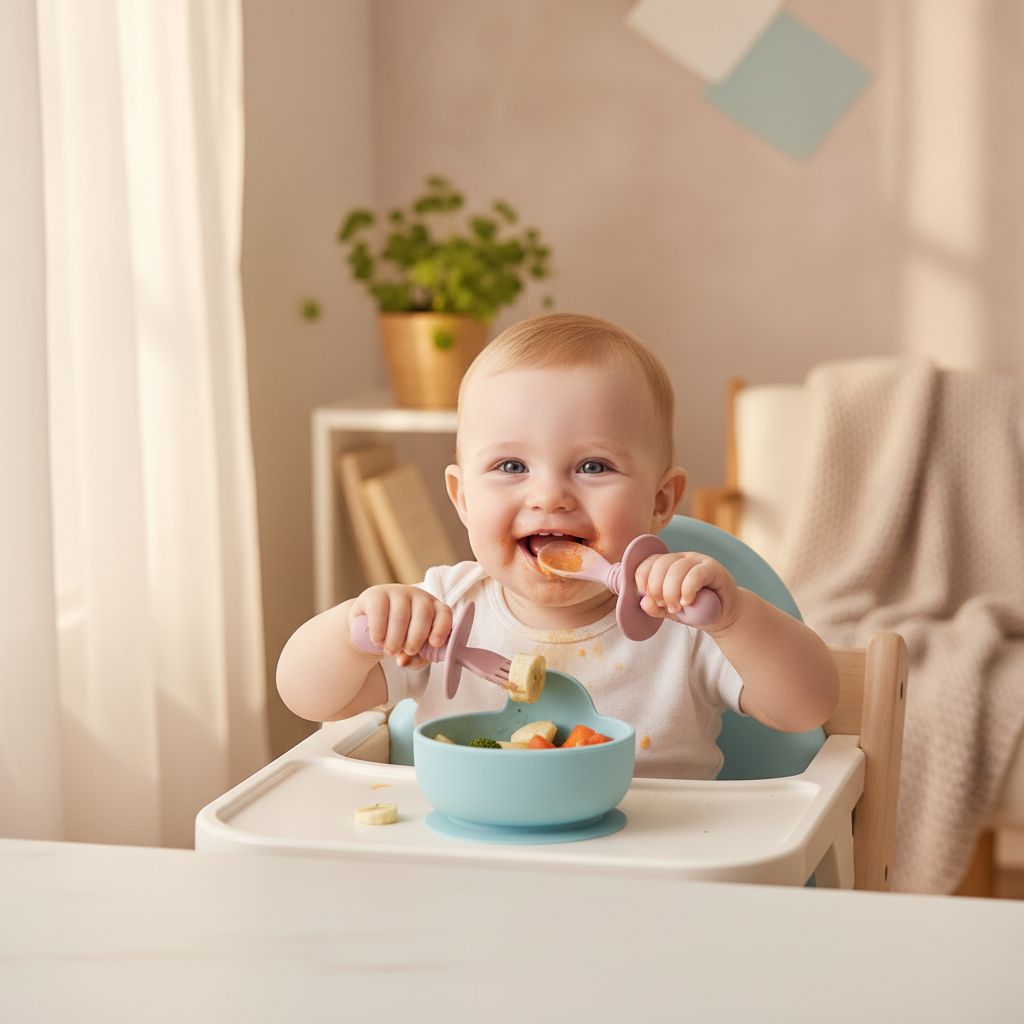 Bambino che mangia con set posate svezzamento rosa pink Little Bird