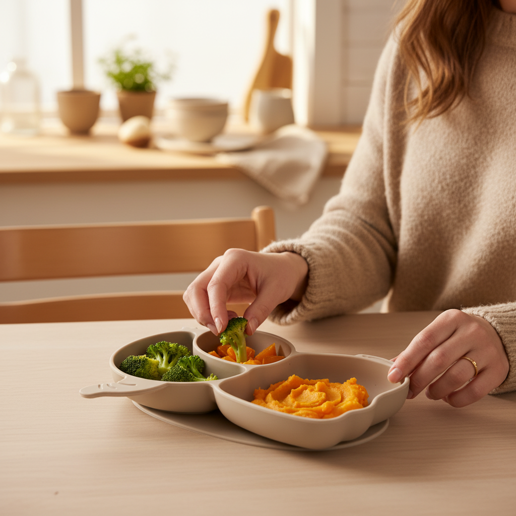 Mamma che prepara il pasto nel piatto elefante beige