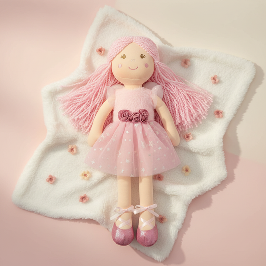 Bambola di Pezza Corona Rosa su copertina con fiori rosa