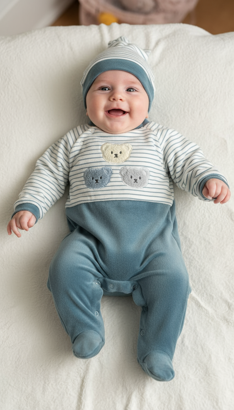 Tutina Neonato con Piedini Blu Petrolio a Righe - Tre Orsetti