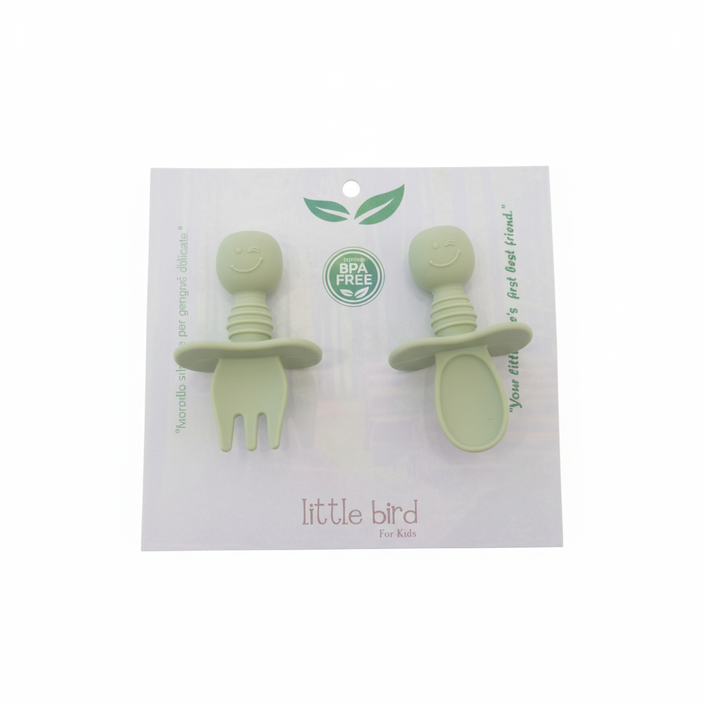 Set posate svezzamento verdi con packaging Little Bird BPA Free