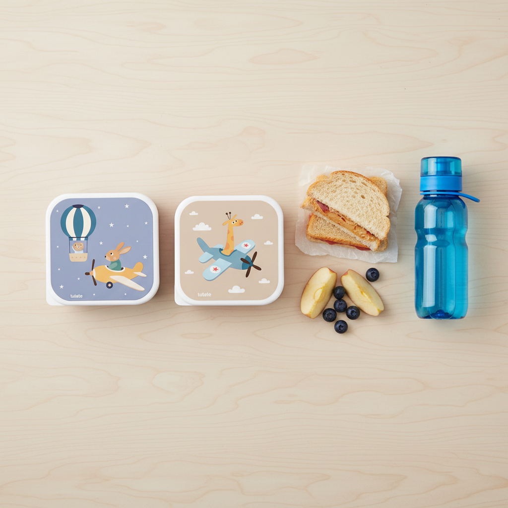 Lunch Box 3 in 1 Planes Tutete flat lay - 3 scatoline con merenda su tavolo