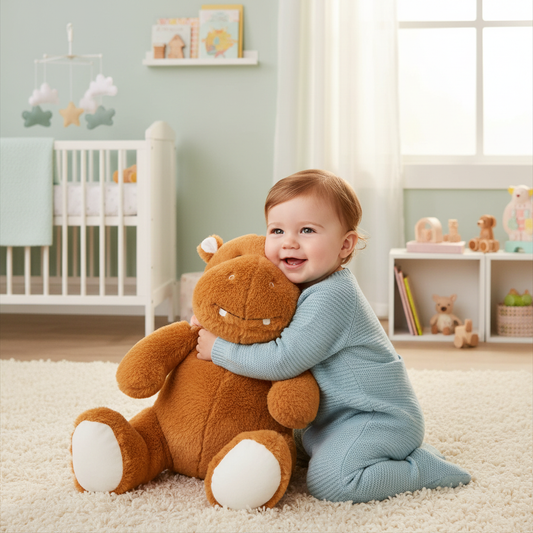 Bambino che abbraccia il peluche ippopotamo terra