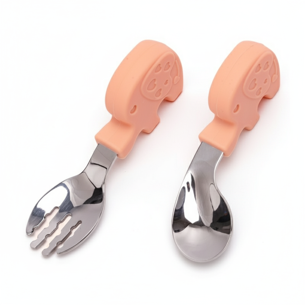 Set Posate Elefantino Rosa per Bambini - Forchetta e Cucchiaio in Acciaio Inox BPA Free