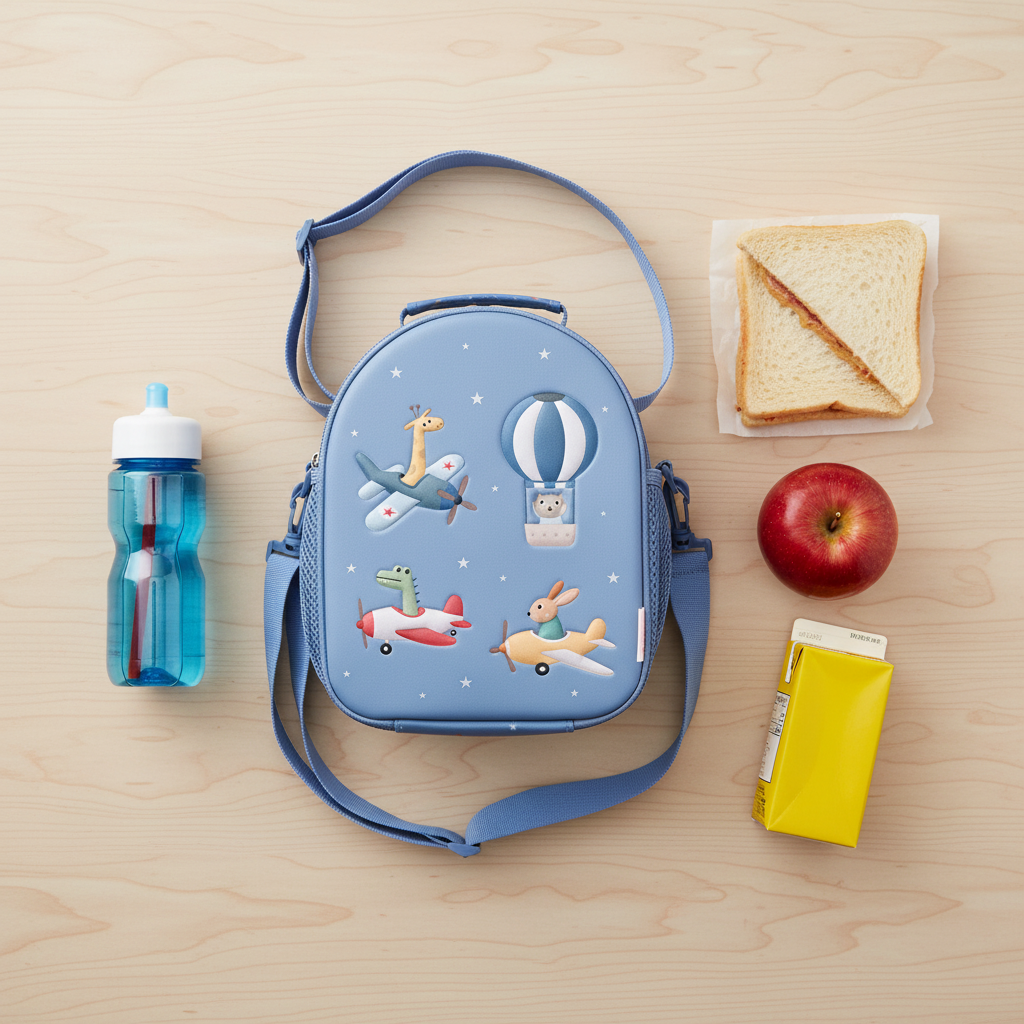 Borsa Termica 3D Planes Tutete flat lay - borsa con merenda su tavolo