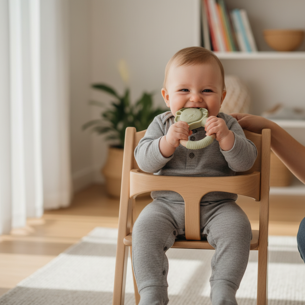Bambino felice sul seggiolone con massaggiagengive leoncino