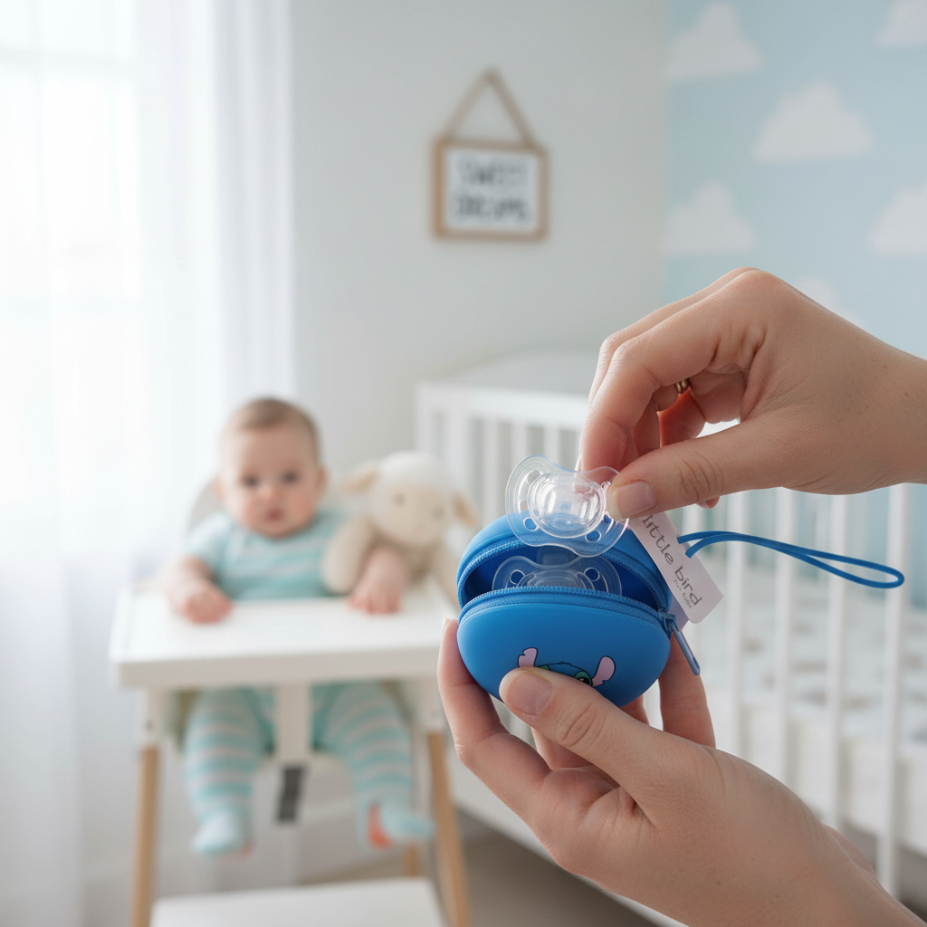 Mamma che usa il portaciuccio Stitch blu in cameretta