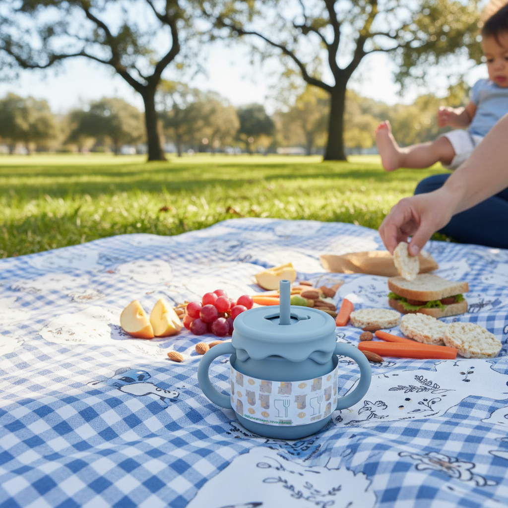 Picnic outdoor con bicchiere dusty blue