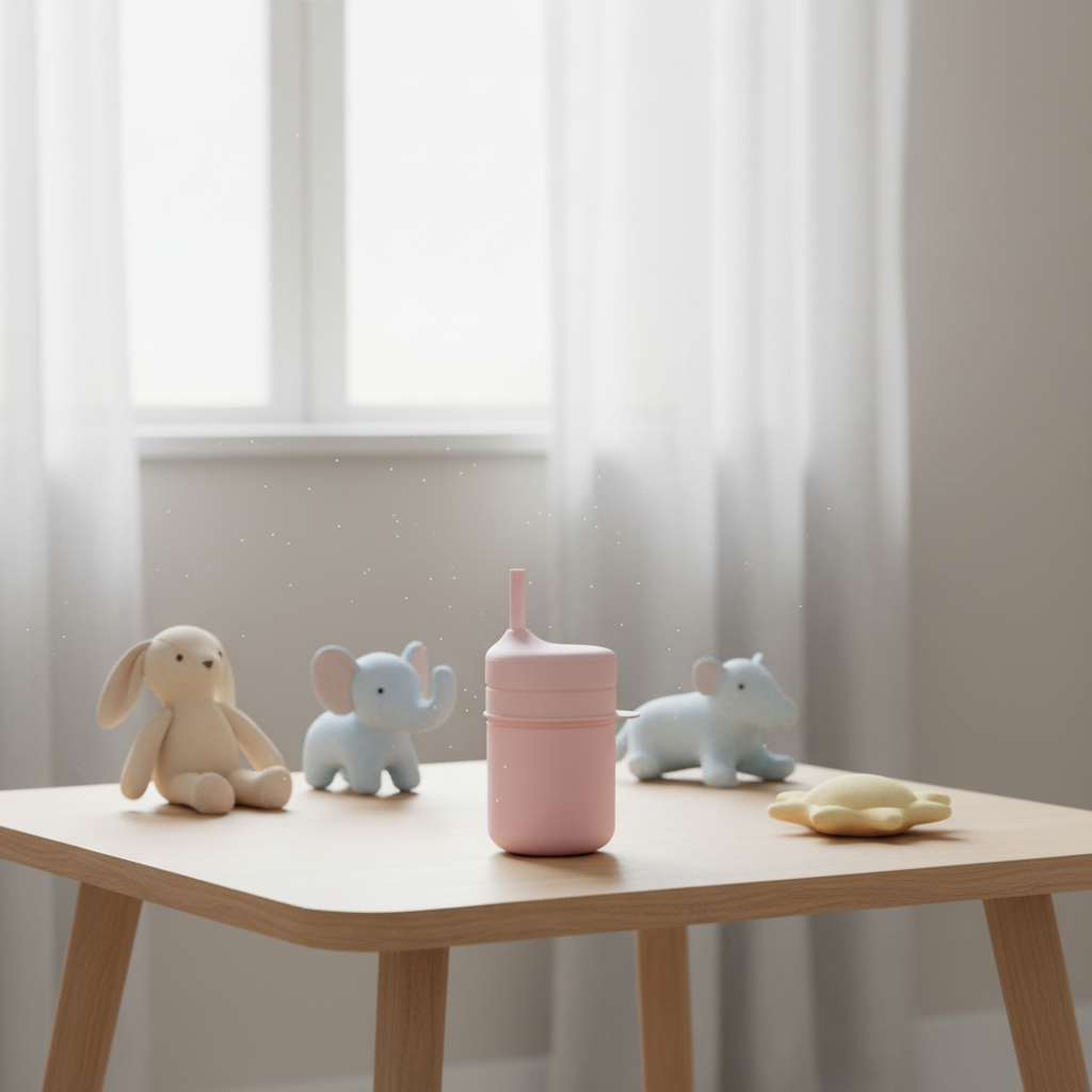 Bicchiere in silicone rosa su tavolo nursery con luce naturale