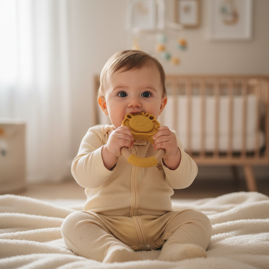Bambino che tiene il massaggiagengive leoncino ocra