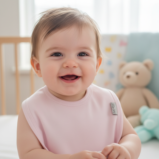 Bambino che indossa la bavetta rosa Little Bird