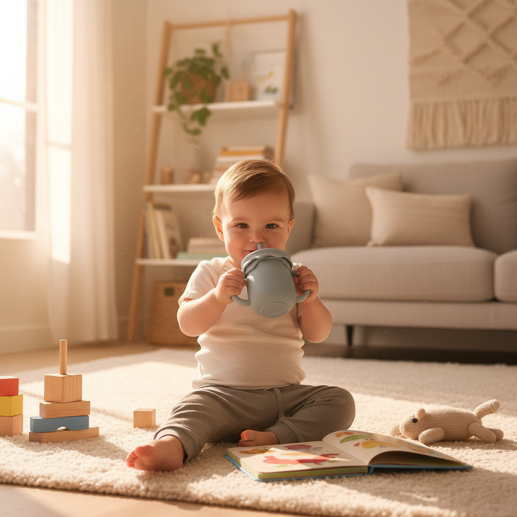Bambino che gioca con bicchiere dusty blue