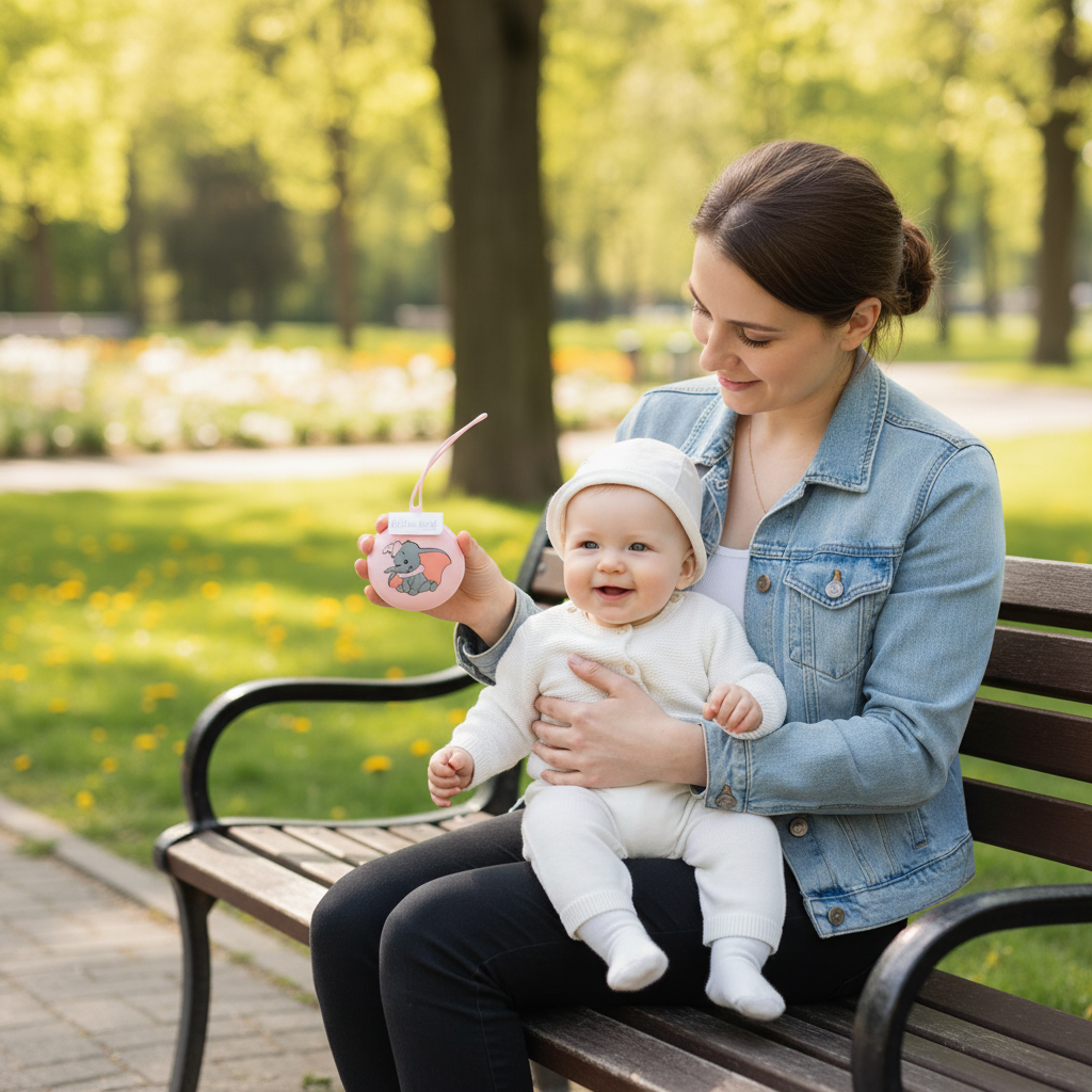 Portaciuccio Dumbo rosa - mamma su panchina