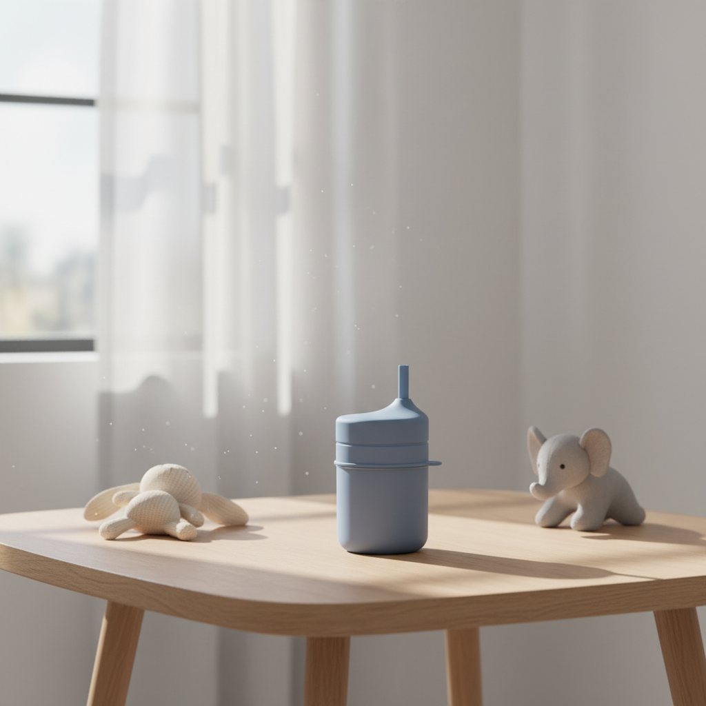 Bicchiere in silicone dusty blue su tavolo nursery con luce naturale
