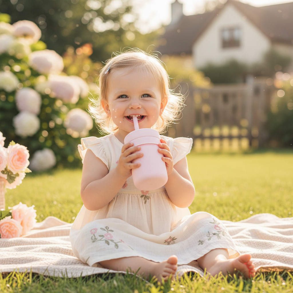 Bambina che beve dal bicchiere in silicone Little Bird al parco