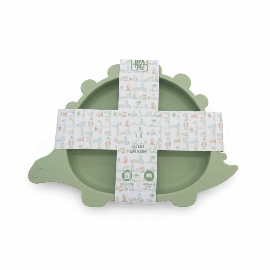 Piatto dinosauro verde con packaging su sfondo bianco