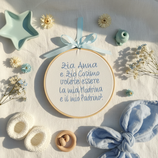 Flat lay telaio ricamato proposta madrina padrino