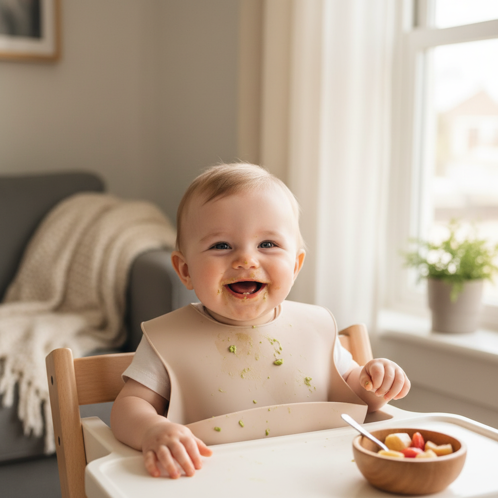 Bambino che indossa bavetta beige chiaro - foto lifestyle