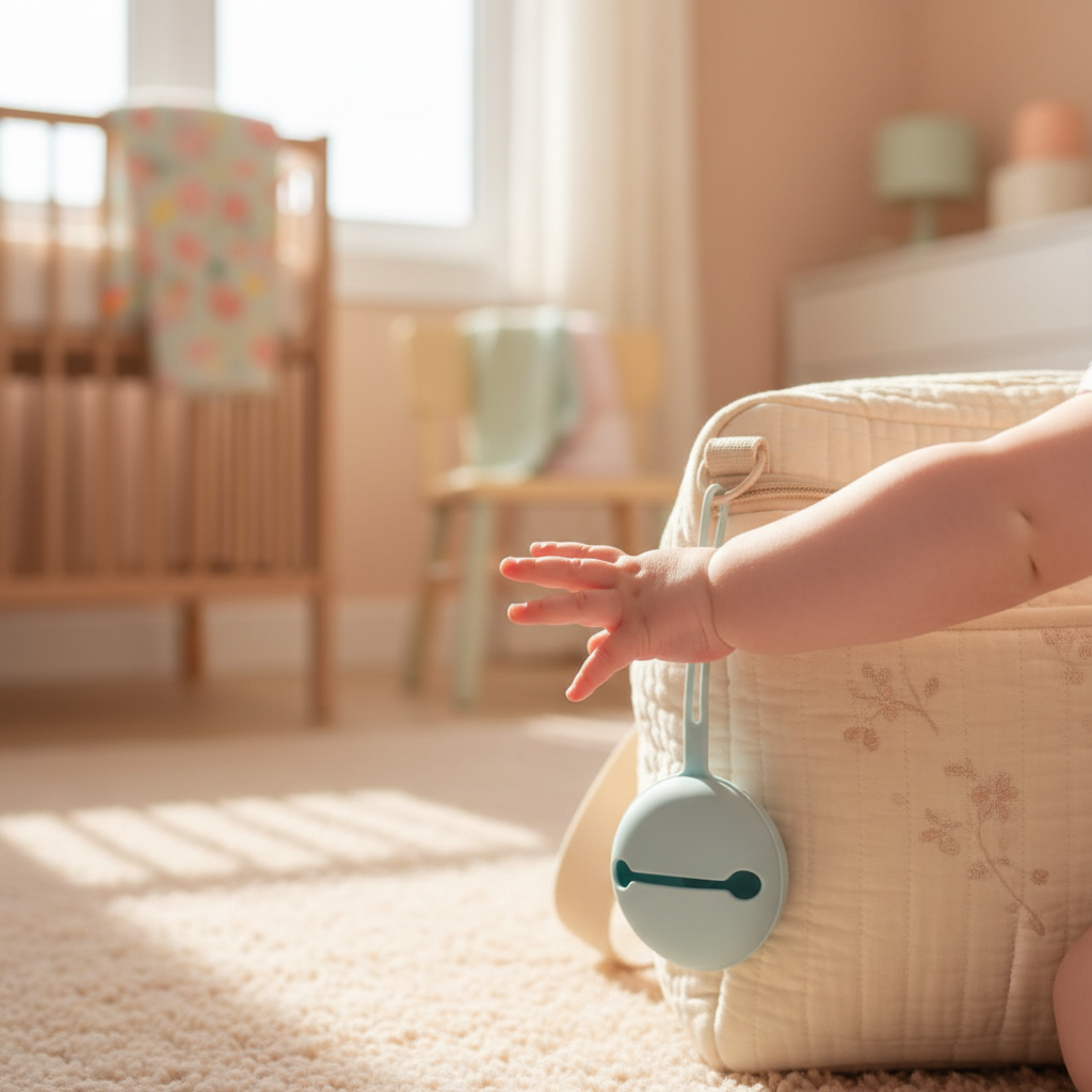 Portaciuccio celeste attaccato alla borsa