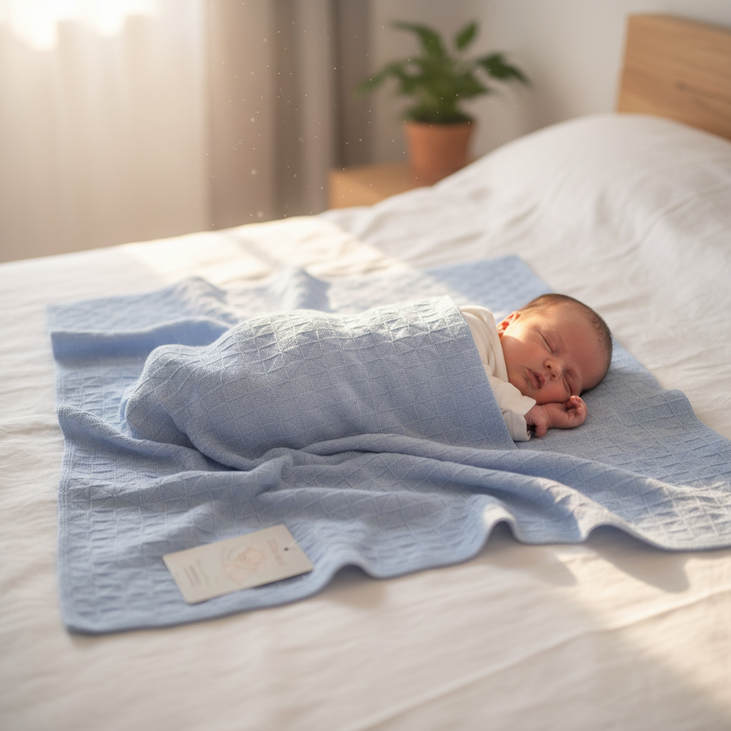 Neonato sul letto con copertina quadretti celeste - Little Bird