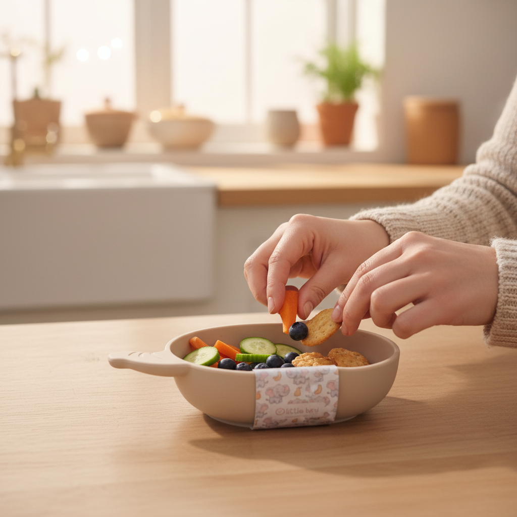 Mamma che prepara snack nella ciotola elefante beige