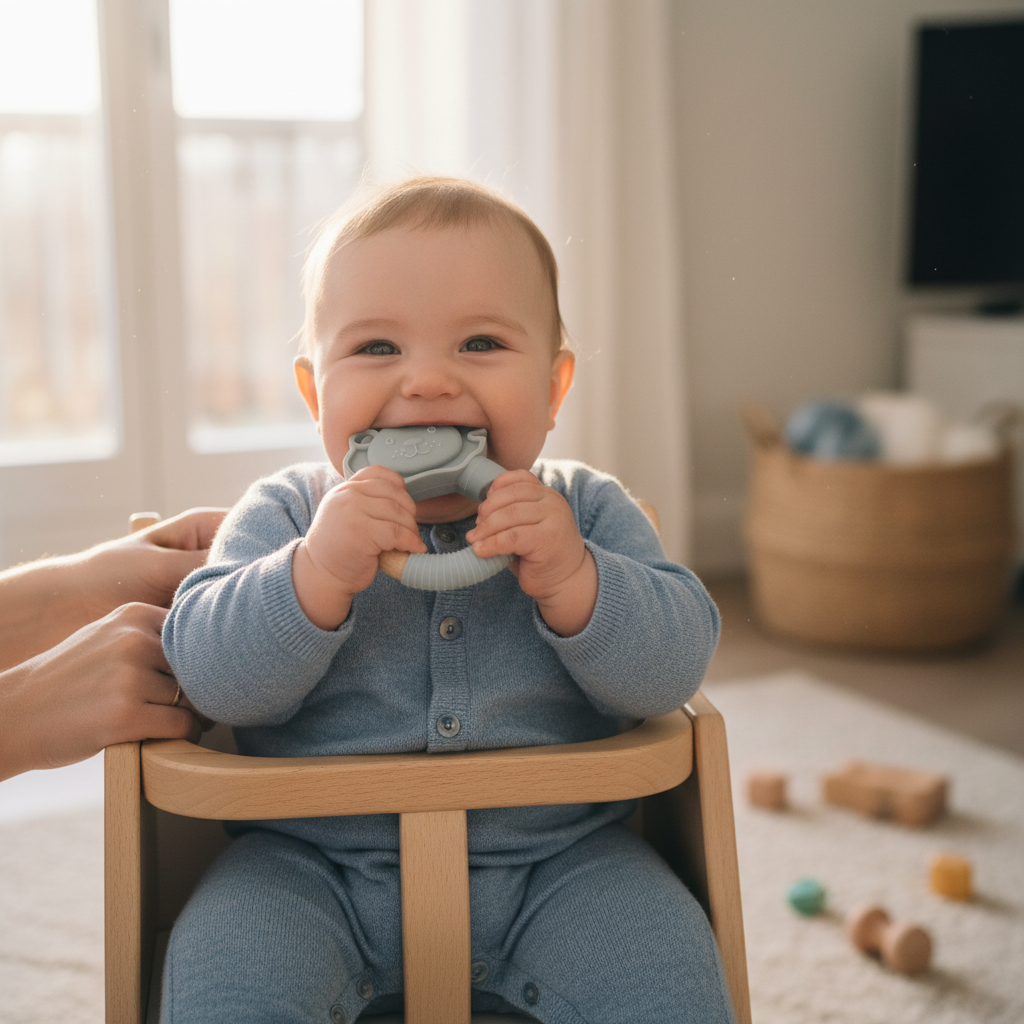Bambino felice sul seggiolone con massaggiagengive leoncino