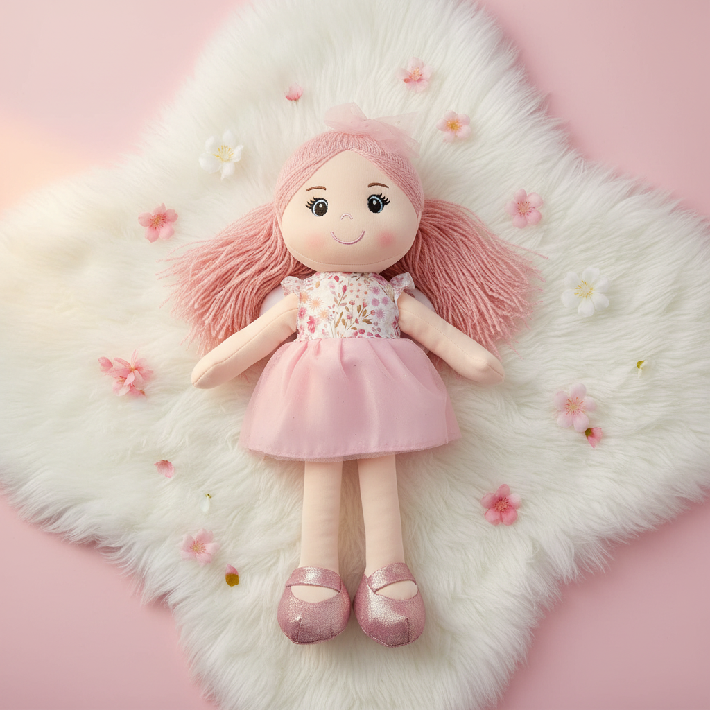 Bambola di Pezza Fiocchi e Fiori su copertina con fiori rosa