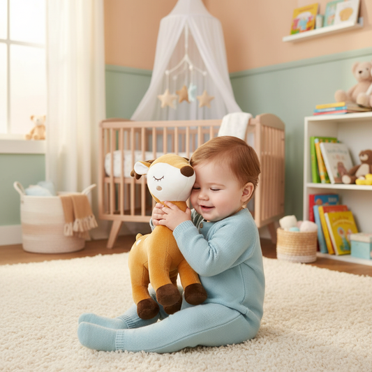 Bambino che abbraccia il peluche cerbiatto