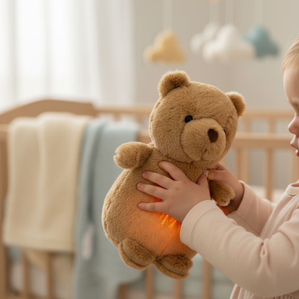 Manine di bimbo che tengono l'orsetto musicale luminoso