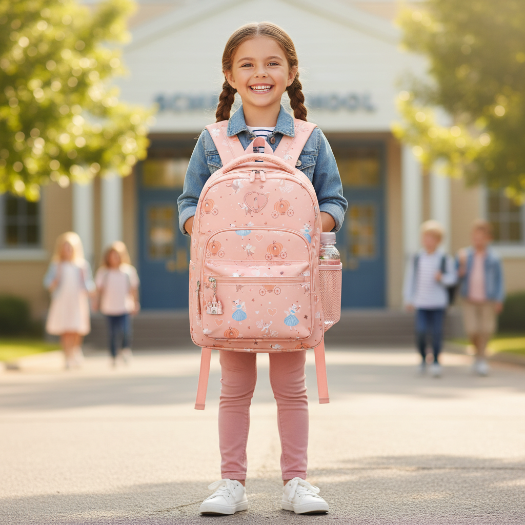 Zaino Medio Mouse Fairies Tutete lifestyle - bambina a scuola con zaino rosa cipria Cenerentola topolina