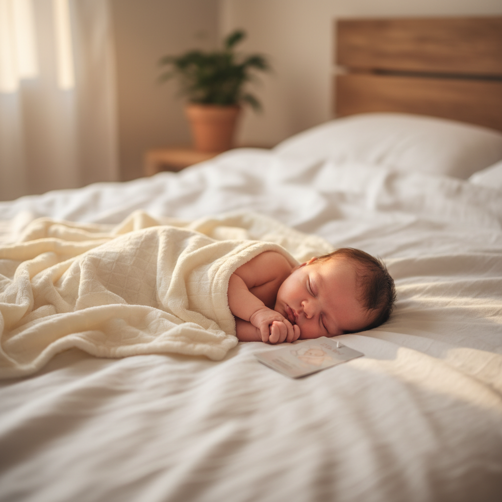 Neonato sul letto con copertina quadretti avorio - Little Bird