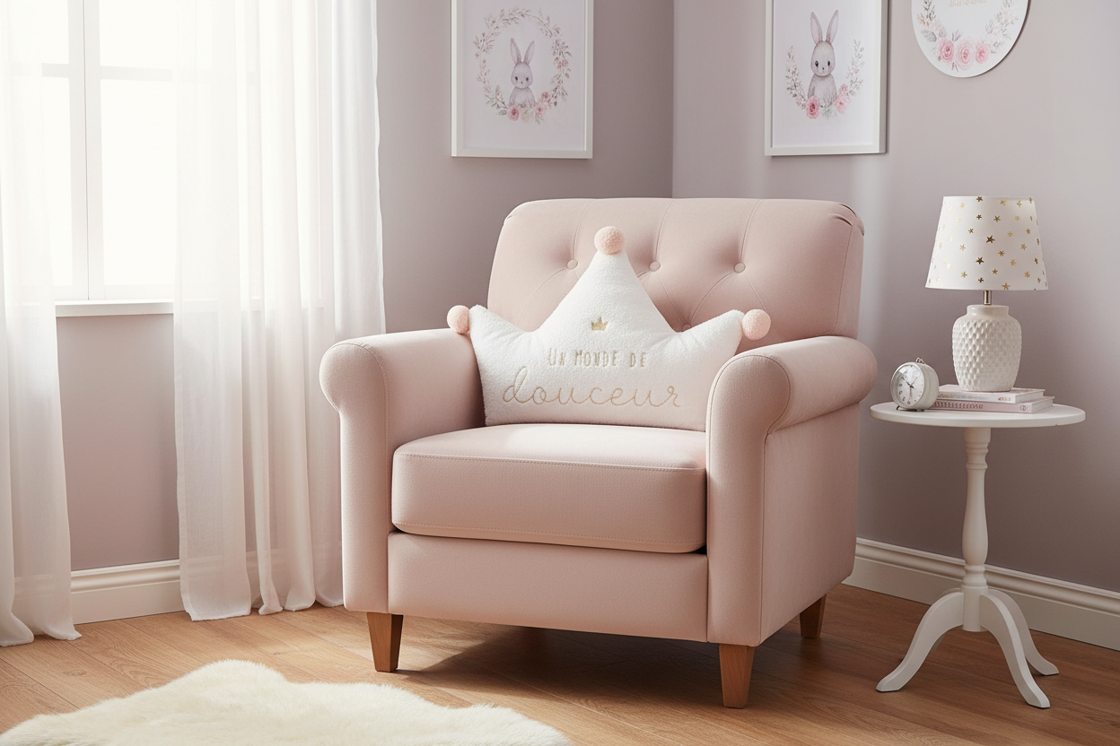 Cuscino Corona Maxi su poltrona rosa cipria