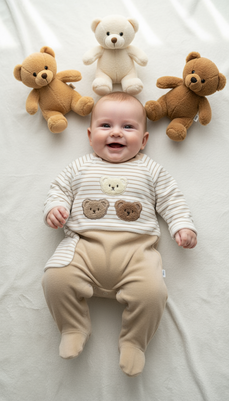 Tutina Neonato con Piedini Beige a Righe - Tre Orsetti - Cappellino