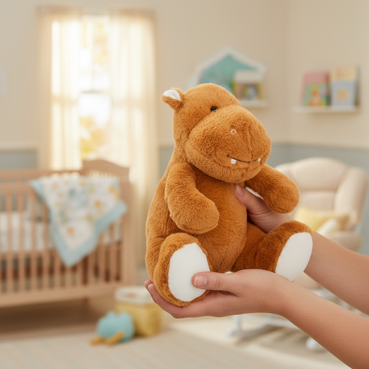Mani che tengono il peluche ippopotamo terra