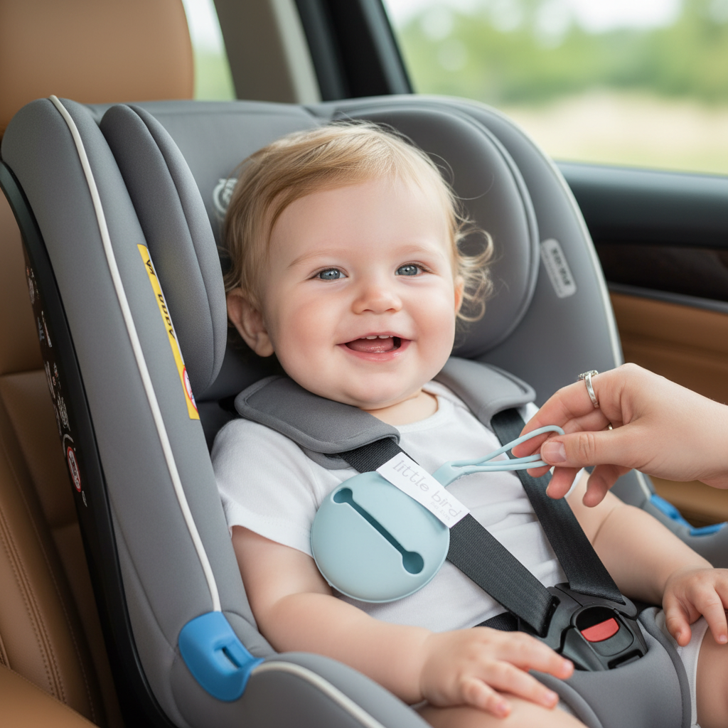 Portaciuccio celeste in uso in auto