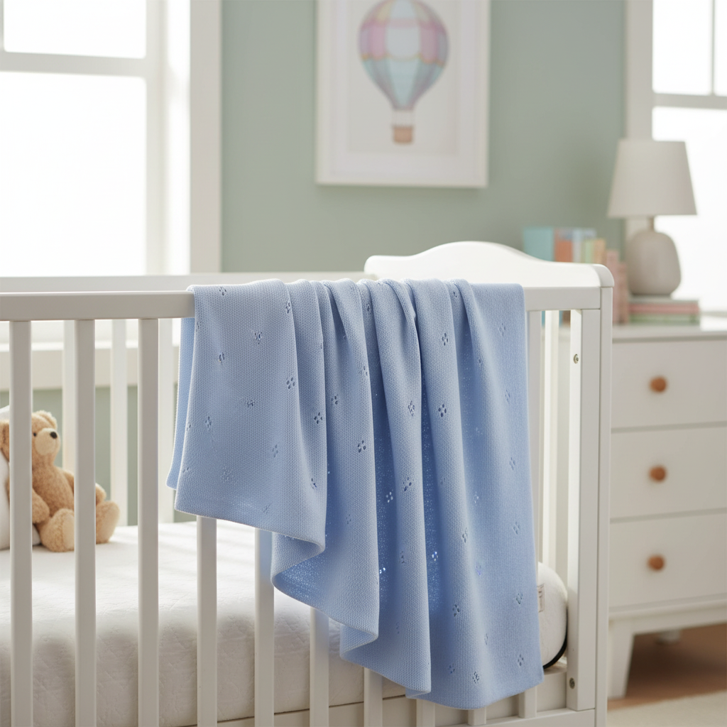 Copertina Traforata Rombi Celeste lifestyle culla